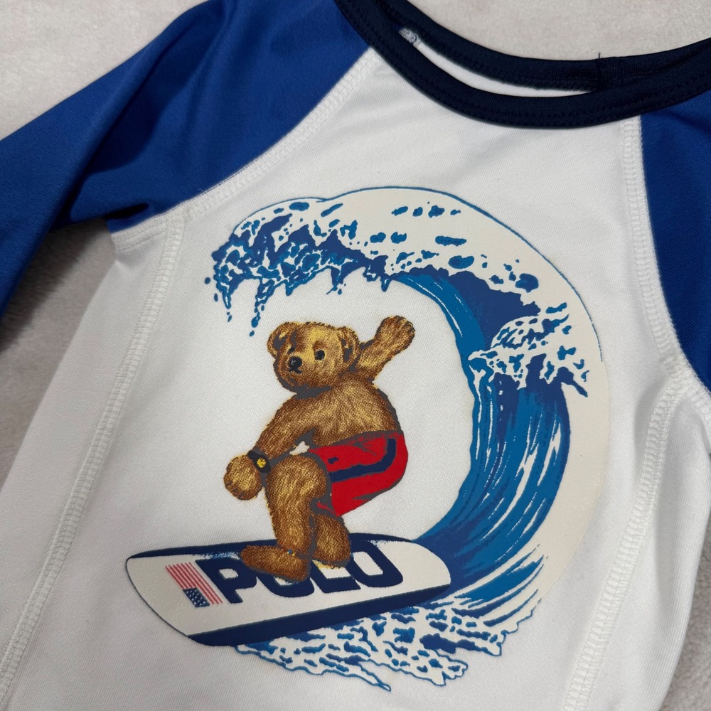 Ralph‎ Lauren Baby Boys Long Sleeve Rash Guard Surf Bear White Blue Size 6M